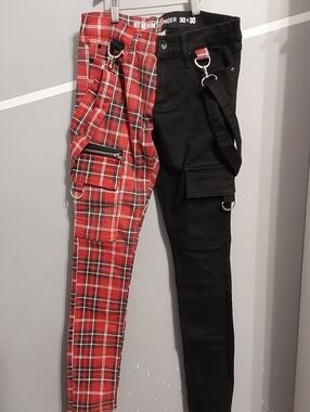 HotTopic Denim Two-Tone Red Plaid & Black Cargo Pants